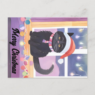 Merry Black Cat Christmas Postcard
