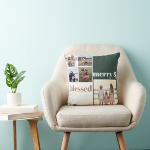 Merry & Blessed Family Christmas Photo Green Cushion