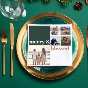 Merry & Blessed Family Christmas Photo Green Napkin
