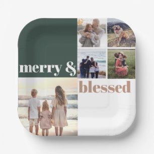 Merry & Blessed Family Christmas Photo Green Paper Plate