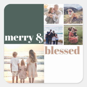 Merry & Blessed Family Christmas Photo Green Square Sticker