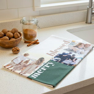 Merry & Blessed Family Christmas Photo Green Tea Towel
