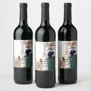Merry & Blessed Family Christmas Photo Green Wine Label