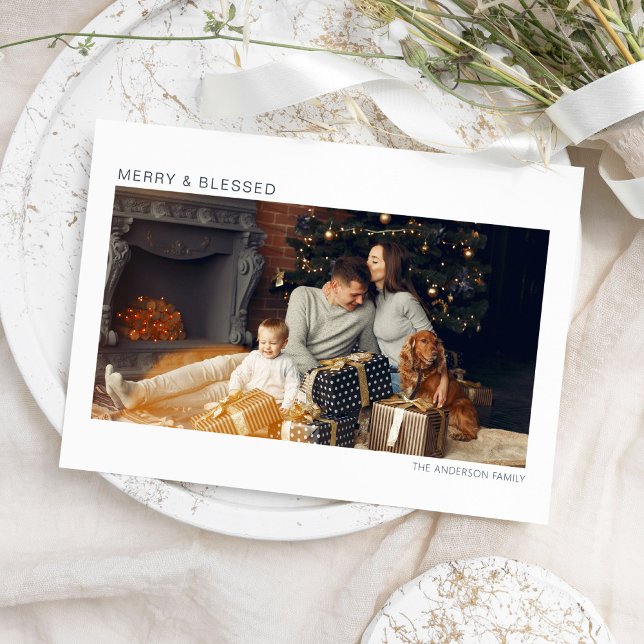 Merry & Blessed Modern Photo Christmas Card (Creator Uploaded)