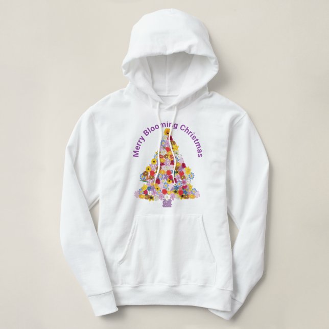 Merry Blooming Christmas Colourful Floral Tree Hoodie (Design Front)