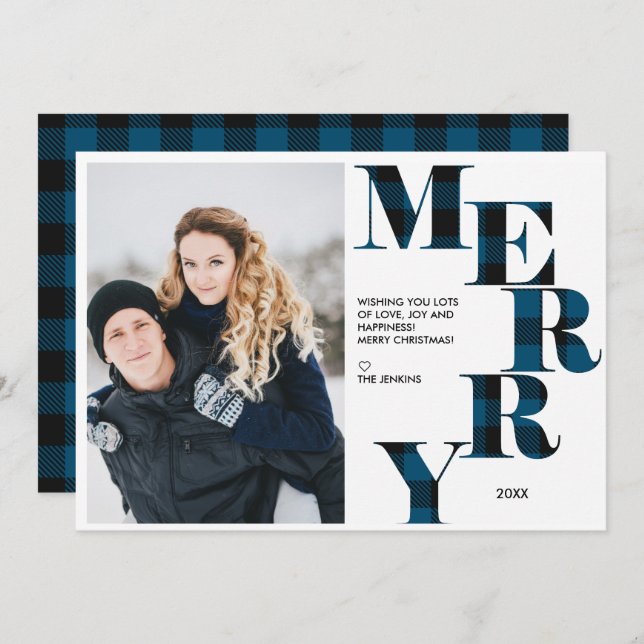 Merry | Blue Buffalo Plaid Photo Holiday Invitation (Front/Back)
