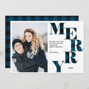 Merry Blue Buffalo Plaid Photo Holiday Invitation