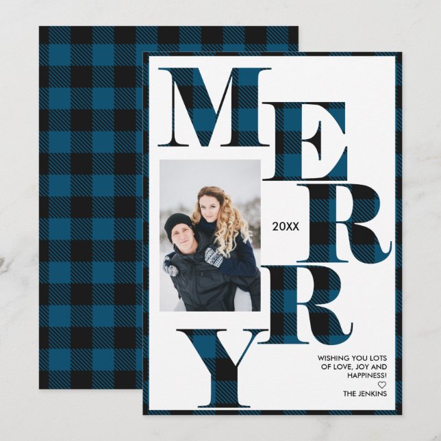 Merry | Blue Buffalo Plaid Vertical Photo Holiday Invitation (Front/Back)