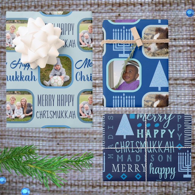 Merry Blue Interfaith Chrismukkah Assortment Wrapping Paper Sheet (Personalize this fun Chrismukkah style holiday wrapping paper with your photos and child's name)