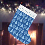 Merry Blue Interfaith Chrismukkah Cute Childs Name Large Christmas Stocking<br><div class="desc">Create your own personalised light blue Menorah and Christmas tree pattern Christmas stocking as a perfect crossover for Chrismukkah and Hanukkah celebrations. The classic Christmas stocking with the iconic symbols of both Christmas and Hanukkah in pale blue is cute for children and pets but adults will love it too. Designed...</div>