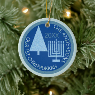 Merry Blue Interfaith Cute 1st Chrismukkah Photo Ceramic Tree Decoration