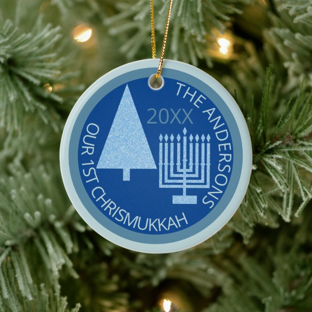 Merry Blue Interfaith Cute 1st Chrismukkah Photo Ceramic Tree Decoration (Tree)