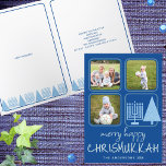 Merry Blue Interfaith Cute Handwriting 3 Photo Holiday Card<br><div class="desc">Custom Merry Happy Chrismukkah holiday greeting cards featuring your photos are a cute way to spread holiday cheer during the holidays. Created with interfaith families in mind, this unique design includes fun casual handwritten style fonts in pale blue on a rich royal blue background, three of your favourite photos and...</div>