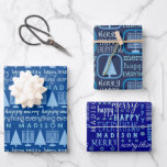 Merry Blue Interfaith Everything Add Childs Name Wrapping Paper Sheet<br><div class="desc">Add this MERRY HAPPY EVERYTHING personalised gift wrapping sheet assortment with your child's name and a typography design theme of light blue mixed fonts and pastel blue Menorahs and Christmas trees to your one of a kind personalised Hanukkah, Christmas or interfaith Chrismukkah celebration. Wrapping Paper Sheet One is set on...</div>