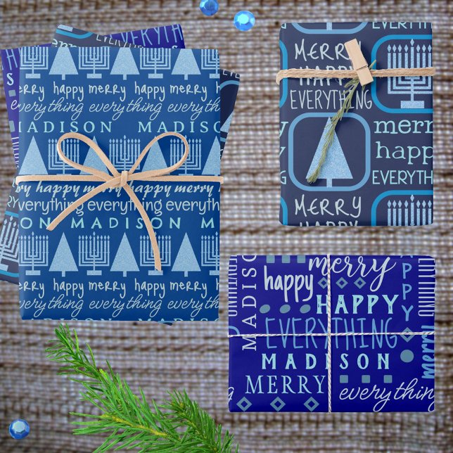 Merry Blue Interfaith Everything Add Childs Name Wrapping Paper Sheet (This interfaith family holiday wrapping paper in blue is easy to customize and make your own)