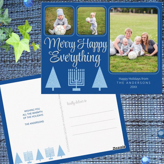 Merry Blue Interfaith Family Kids 3 Photo Holiday Postcard (Celebrate Christmas and Hanukkah together with these blue Merry Happy Everything holiday postcards)