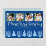 Merry Blue Interfaith Menorah Tree Cute 4 Photo Holiday Card<br><div class="desc">Personalise these 4 photo collage holiday cards in a simple pastel blue and dark blue Merry Happy Everything interfaith design. An elegant stylised script font in pale blue with a slight drop shadow in dark navy adds interest and the row of five light blue Menorahs and four matching Christmas trees...</div>