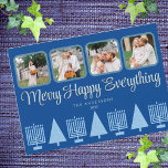Merry Blue Interfaith Menorah Tree Cute 4 Photo Holiday Card<br><div class="desc">Personalise these 4 photo collage holiday cards in a simple pastel blue and dark blue Merry Happy Everything interfaith design. An elegant stylised script font in pale blue with a slight drop shadow in dark navy adds interest and the row of five light blue Menorahs and four matching Christmas trees...</div>