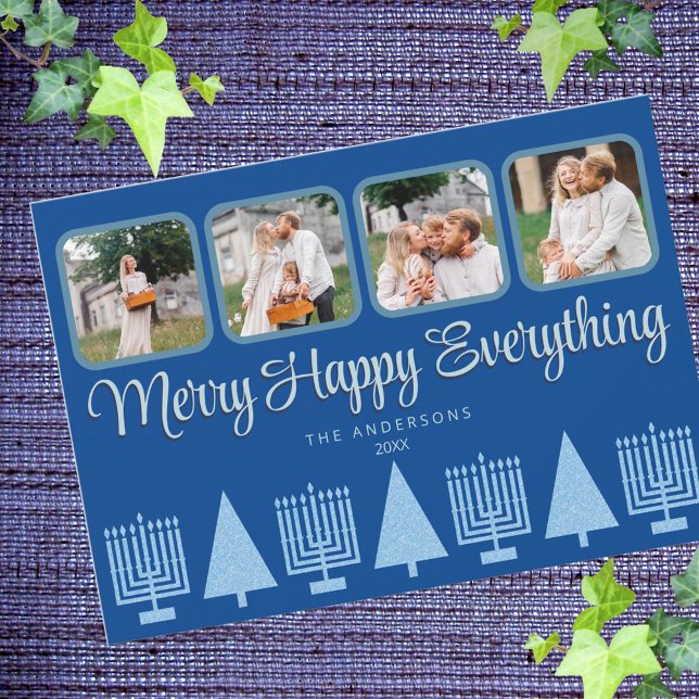 Merry Blue Interfaith Menorah Tree Cute 4 Photo Holiday Card (Add your photos to these fun Merry Happy Everything cards, perfect for interfaith couples)
