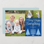 Merry Blue Interfaith Tree Menorah Cute 3 Photo Holiday Card<br><div class="desc">Photo templates make designing your own 3 photo collage holiday cards a snap with this modern elegant script Merry Happy Everything design in pastel blue and dark blue. Add your favourite large photo on the left of these custom cards then add two smaller pictures on the upper right above MERRY...</div>