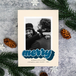 Merry Blue Retro Script Christmas Photo Holiday Card