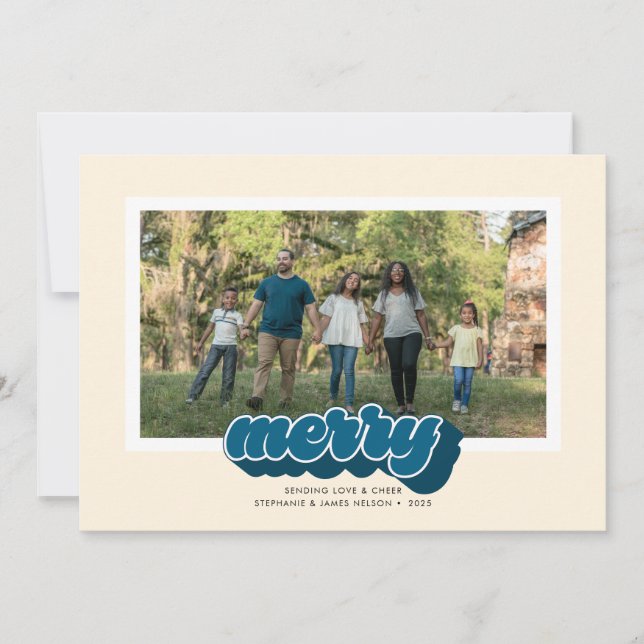 Merry Blue Retro Script Christmas Photo Holiday Card (Front)