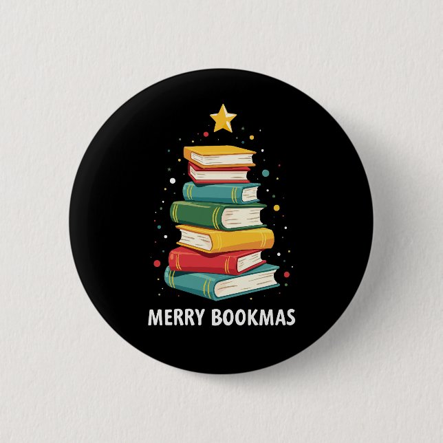 Merry Bookmas - Festive Book Stack for Book Lovers 6 Cm Round Badge (Front)