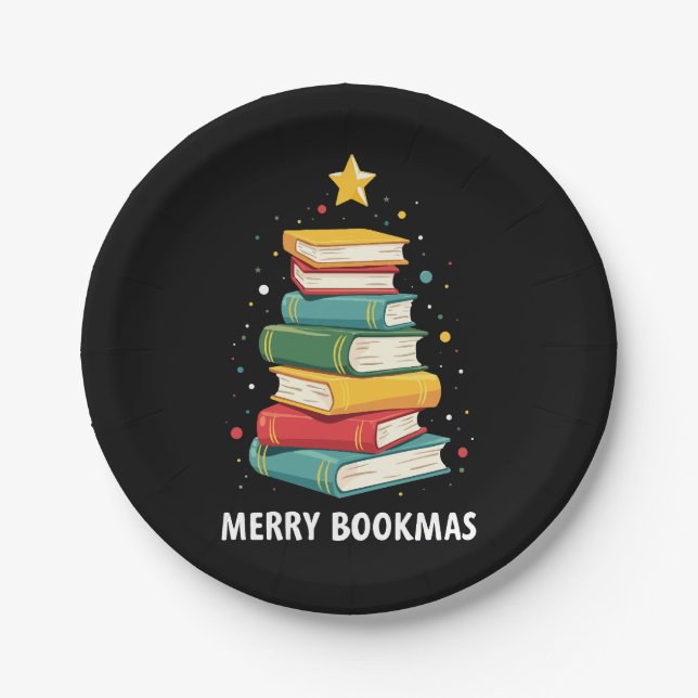 Merry Bookmas - Festive Book Stack for Book Lovers Paper Plate (Front)