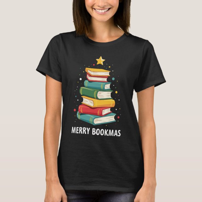 Merry Bookmas - Festive Book Stack for Book Lovers T-Shirt (Front)