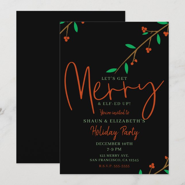 Merry Botanical Black Berry Branch Holiday Party Invitation (Front/Back)