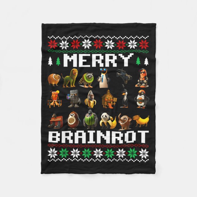Merry Brainrot Ugly Christmas Sweater Funny Italia Fleece Blanket (Front)