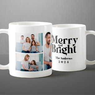 Merry & Bright 3 Family Photo Collage Christmas Coffee Mug
