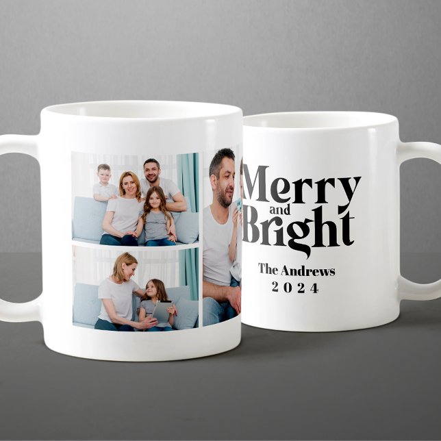 Merry & Bright 3 Family Photo Collage Christmas Coffee Mug (Creator Uploaded)