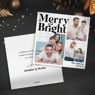 Merry & Bright 3 Family Photo Collage Christmas Holiday Card