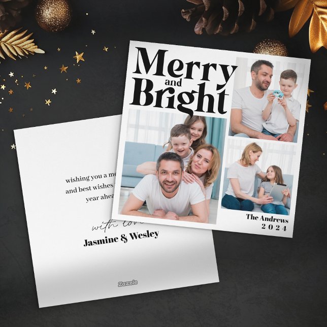 Merry & Bright 3 Family Photo Collage Christmas Holiday Card (Creator Uploaded)