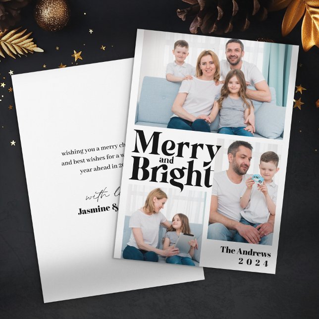 Merry & Bright 3 Family Photo Collage Christmas Holiday Card (Creator Uploaded)