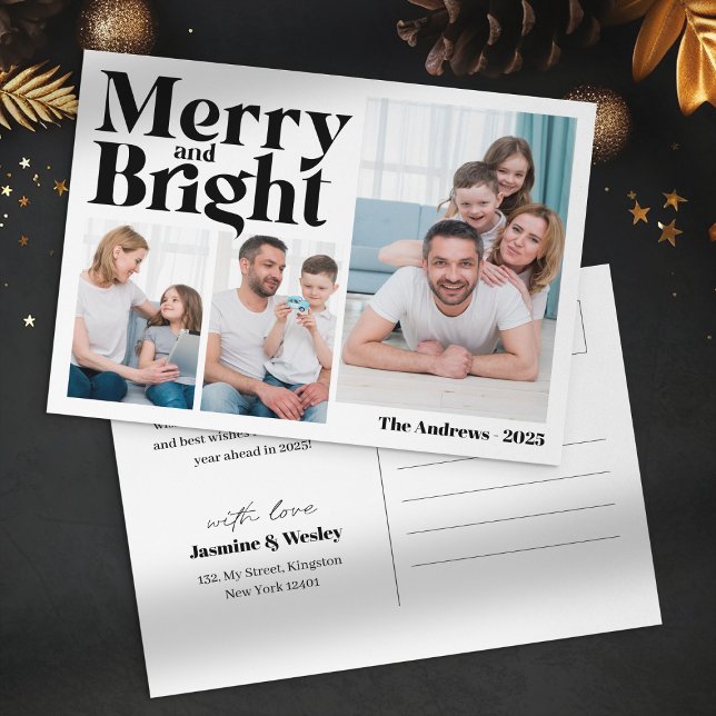 Merry & Bright 3 Family Photo Collage Christmas Holiday Postcard (Creator Uploaded)