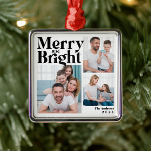 Merry & Bright 3 Family Photo Collage Christmas Metal Tree Decoration