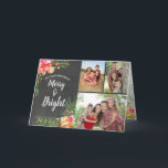 Merry Bright 3 Photo Chalkboard Floral Christmas Holiday Card<br><div class="desc">This elegant and modern customisable three photo Merry and bright watercolor floral Christmas card features colourful images of reds, greens, pinks, oranges, and yellows on a chalkboard background with trendy chalk-type script. This card is easy to customise with your own photos and names! The Christmas message inside can also be...</div>