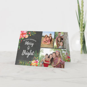 Merry Bright 3 Photo Chalkboard Floral Christmas Holiday Card