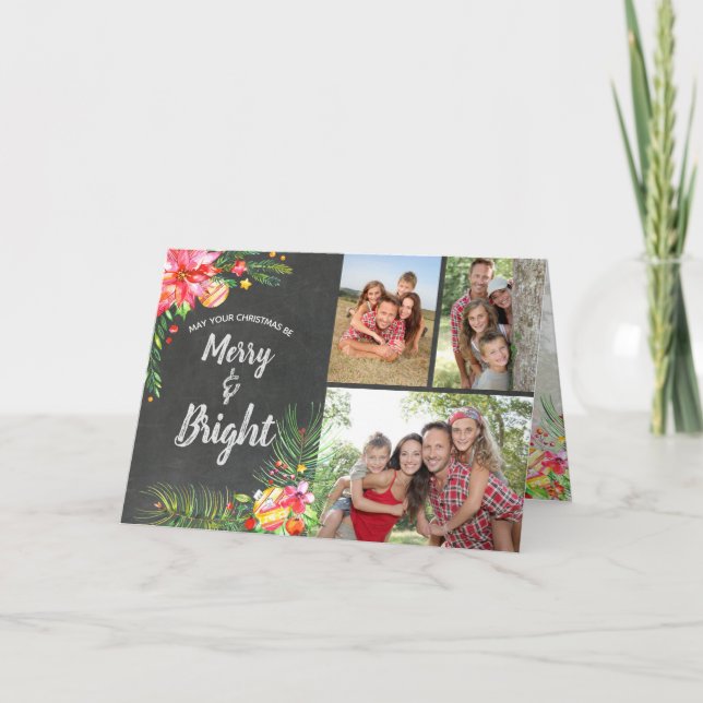 Merry Bright 3 Photo Chalkboard Floral Christmas Holiday Card (Front)
