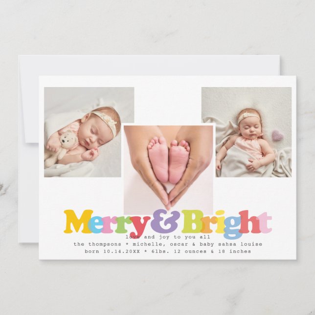 Merry Bright 3 Photo Holiday Birth Announcement (Front)