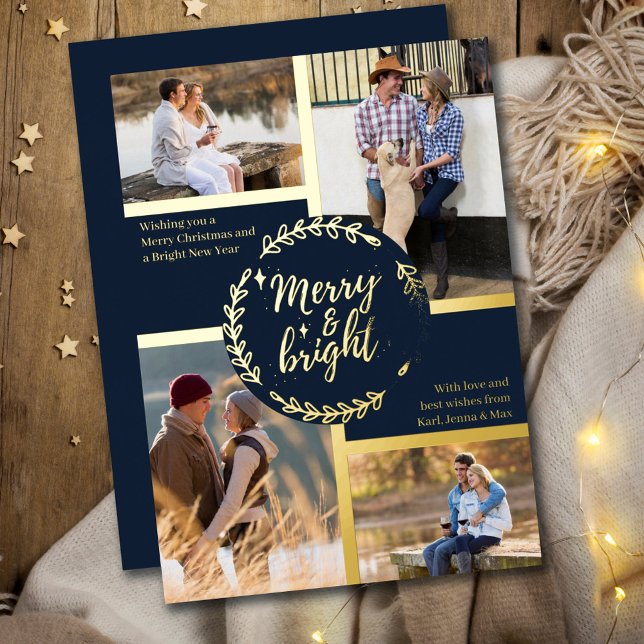 Merry & Bright 4 Photo Collage Dark Blue and Gold Foil Holiday Card (Creator Uploaded)