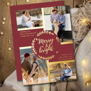 Merry & Bright 4 Photo Collage Dark Red and Gold Foil Holiday Card