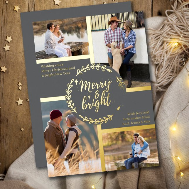 Merry & Bright 4 Photo Collage Grey and Gold Foil Holiday Card (Creator Uploaded)