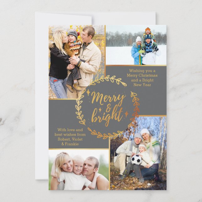 Merry & Bright 4 Photo Collage Grey Gold Christmas Holiday Card (Front)