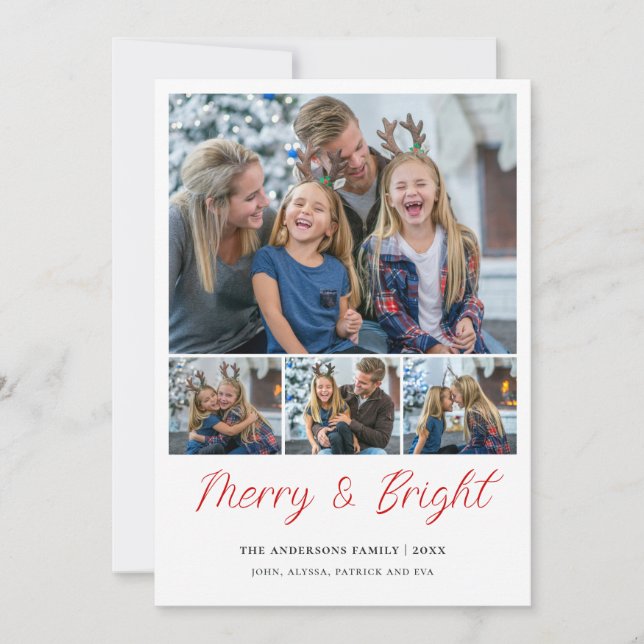 Merry & Bright 4 photos collage Family Christmas Holiday Card (Front)