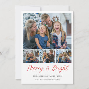 Merry & Bright 4 photos collage Family Christmas Holiday Card