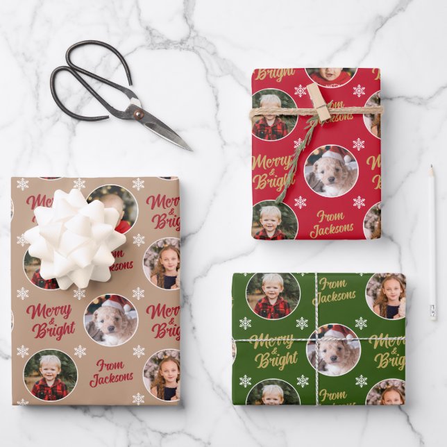 Merry & Bright 4 Photos Modern Christmas Wrapping Paper Sheet (Front)