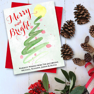 Merry & Bright Abstract Watercolor Christmas Tree Holiday Card